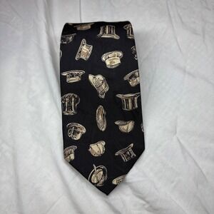 Polo Ralph Lauren Mens Black Hat Pattern 100% Silk USA Made Tie Vintage‎